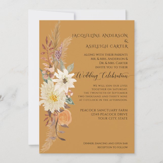 BOHO Watercolor Fall Blommigt Pampas Grass Mustard Inbjudningar (Framsida)