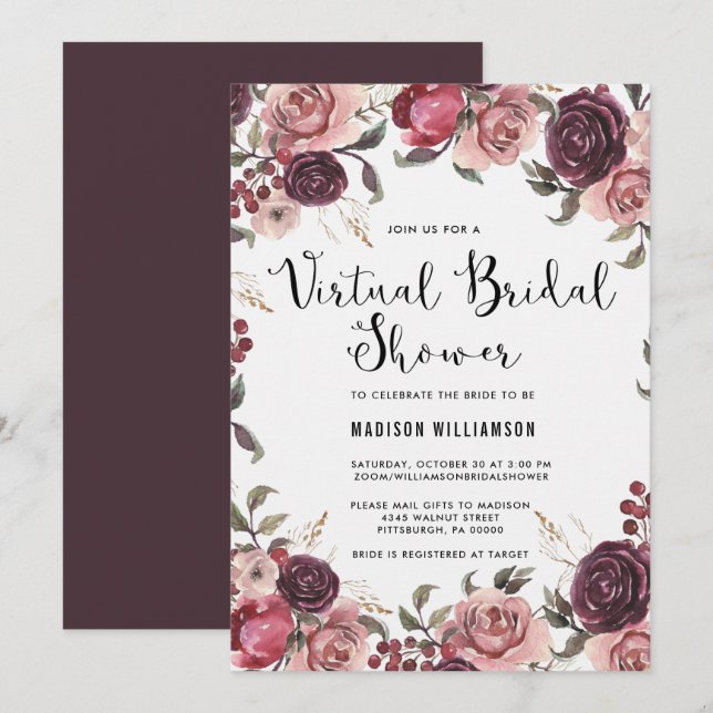 Boho Watercolor Fall Blommigt Virtuell Möhippa Inbjudningar (Fram/baksida)