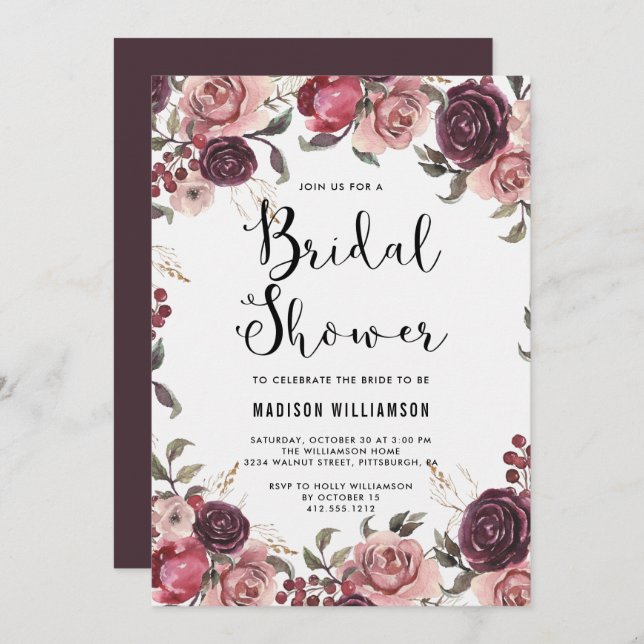 Boho Watercolor Fall Burgundy Blommigt Möhippa Inbjudningar (Fram/baksida)