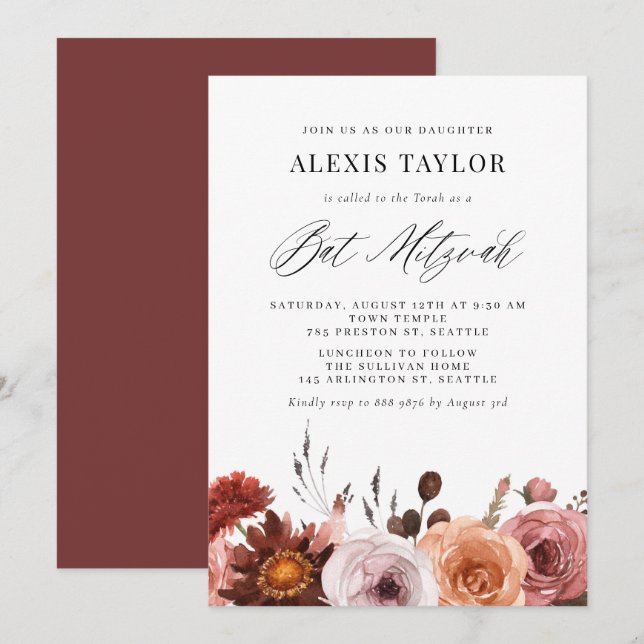 Boho Watercolor Fall Flowers Bat mitzvah Inbjudningar (Fram/baksida)