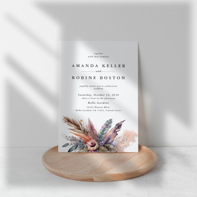 Boho Watercolor Feather Wedding bjudande Inbjudningar (Skapare uppladdad)