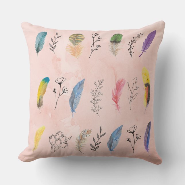 Boho Watercolor Feathers with Floral Line Drawings Kudde (Framsida)