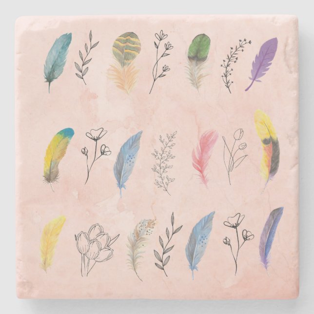 Boho Watercolor Feathers with Floral Line Drawings Stenunderlägg (Framsidan)