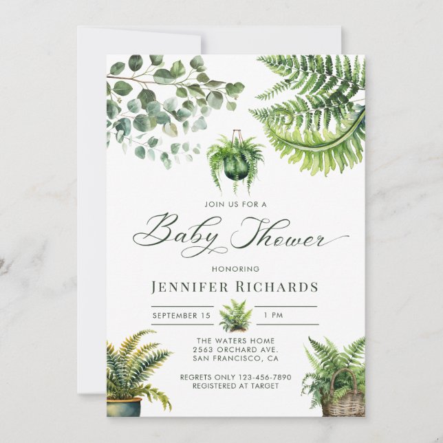 Boho Watercolor Fern Eucalyptus Baby Shower Inbjudningar (Framsida)
