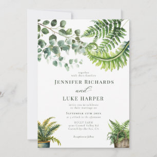 Boho Watercolor Fern Eucalyptus Bröllop Inbjudningar