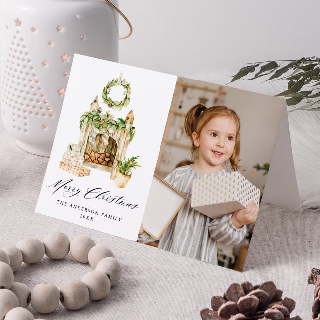 Boho Watercolor Fireplace with Greenery Photo Helgkort (Skapare uppladdad)