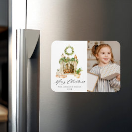 Boho Watercolor Fireplace with Greenery Photo Magnet