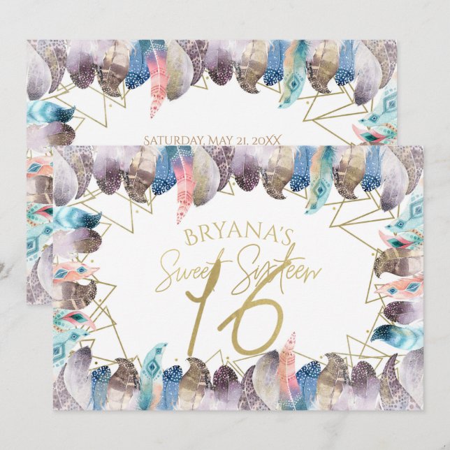 Boho Watercolor Fjädrar Guld Sweet 16 Inbjudningar (Fram/baksida)
