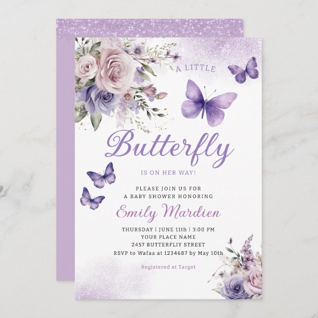 Boho Watercolor Floral Girl Butterfly Baby Shower Inbjudningar (Fram/baksida)