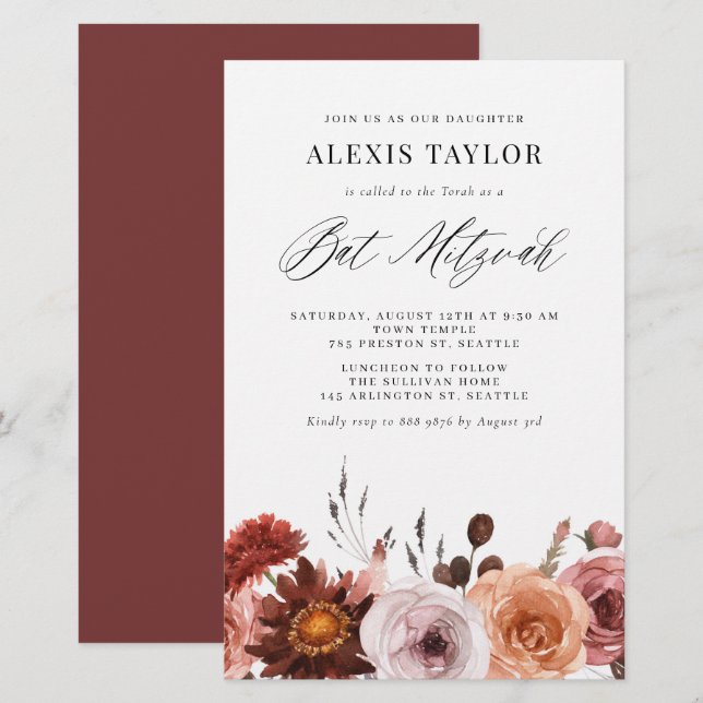 Boho Watercolor Flower Bat mitzvah Investigation (Fram/baksida)