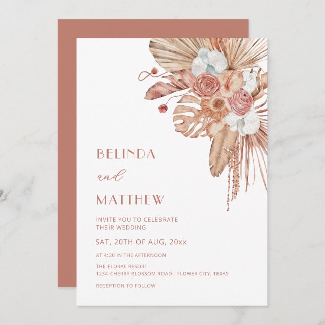 Boho Watercolor Flowers Casual Wedding Inbjudningar (Fram/baksida)