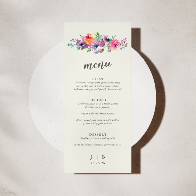 Boho Watercolor Flowers Elegant bröllop Anpassning Meny (Skapare uppladdad)