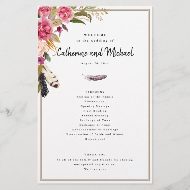 Boho Watercolor Flowers + Feathers, Pappert progra Flygblad (Framsidan)