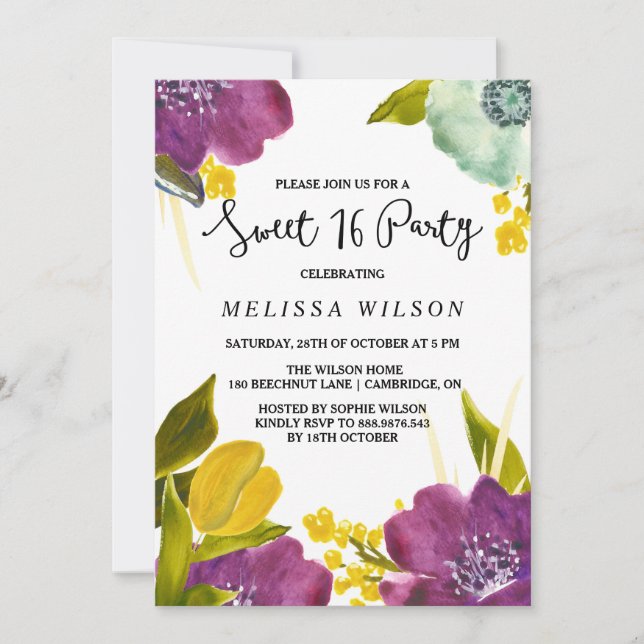 Boho Watercolor Flowers - inbjudan till Sweet sixt (Framsida)