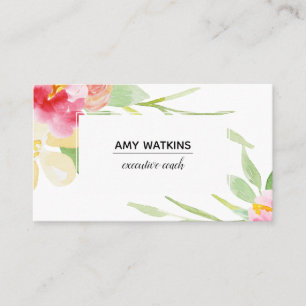 Boho Watercolor Flowers White on White Visitkort
