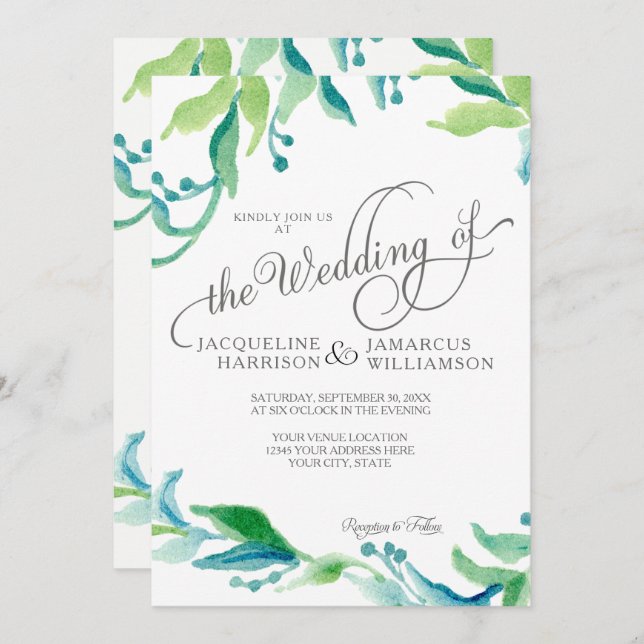 BOHO Watercolor Foliage Greenery Elegant Script Inbjudningar (Fram/baksida)