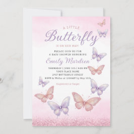 Boho Watercolor Glitter Butterfly Girl Baby Shower Inbjudningar