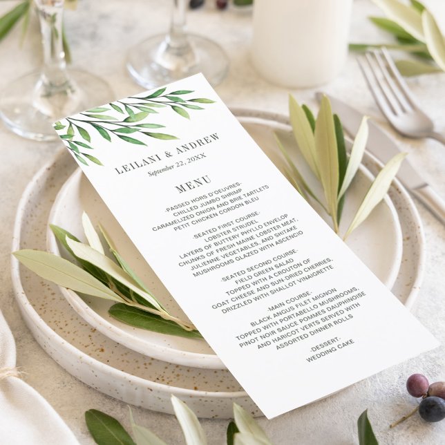 Boho Watercolor Greenery Gren Elegant bröllop Meny (Simple green watercolor branches for a simple modern wedding reception menu.)