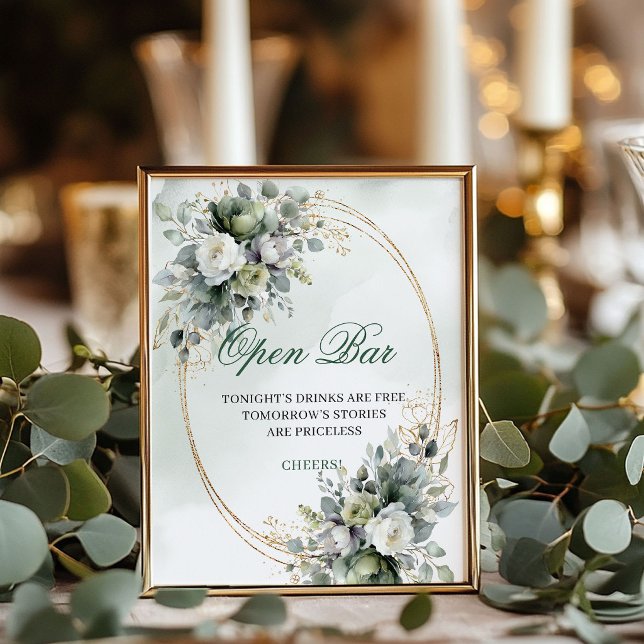 Boho Watercolor Greenery Öppen Bar 8x10 Skylt (Boho Watercolor Greenery Open Bar 8x10 Sign)
