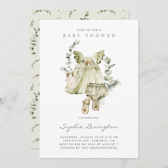 Boho Watercolor Grönt Dress Eucalyptus Baby Shower Inbjudningar (Fram/baksida)