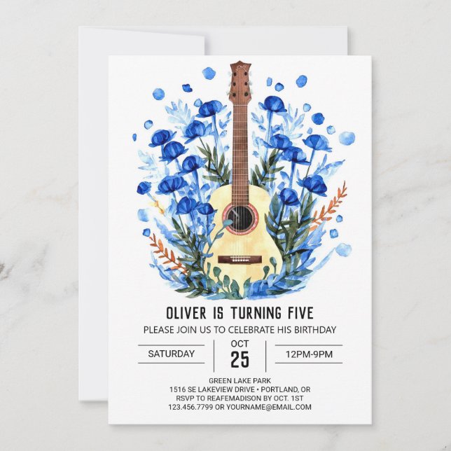 Boho Watercolor Guitar Boy Birthday Inbjudningar (Framsida)