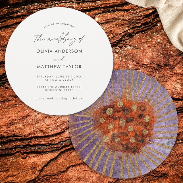 Boho Watercolor Guld Lila Simple Unique Bröllop Inbjudningar (Front/Back)