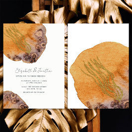 Boho Watercolor Guld Orange Enkel Bröllop Inbjudningar