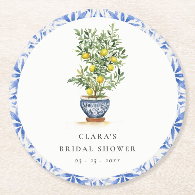 Boho Watercolor Gult Lemon Träd Möhippa Underlägg Papper Rund (Framsidan)