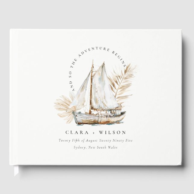Boho Watercolor Handflatan Sailboat Sjölandskap Br Gästböcker (Framsida)