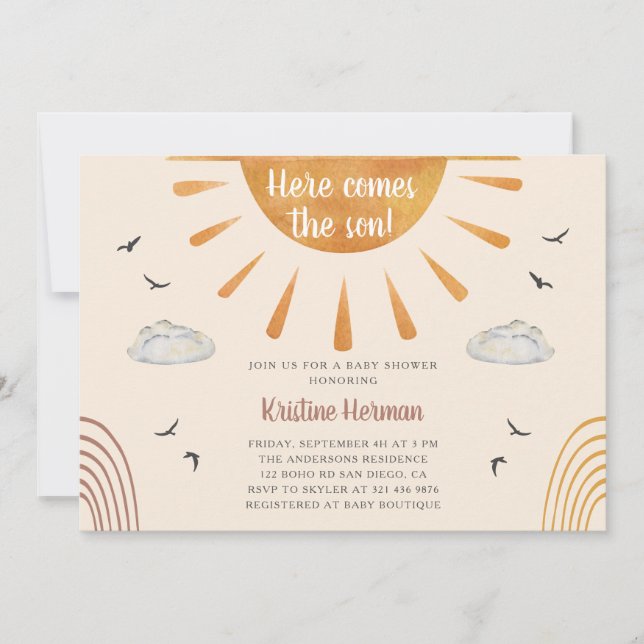 Boho Watercolor här kommer från Son Baby Shower Inbjudningar (Framsida)