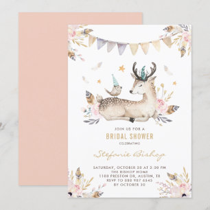 Boho Watercolor Hjort och Bird Blommigt Möhippa Inbjudningar