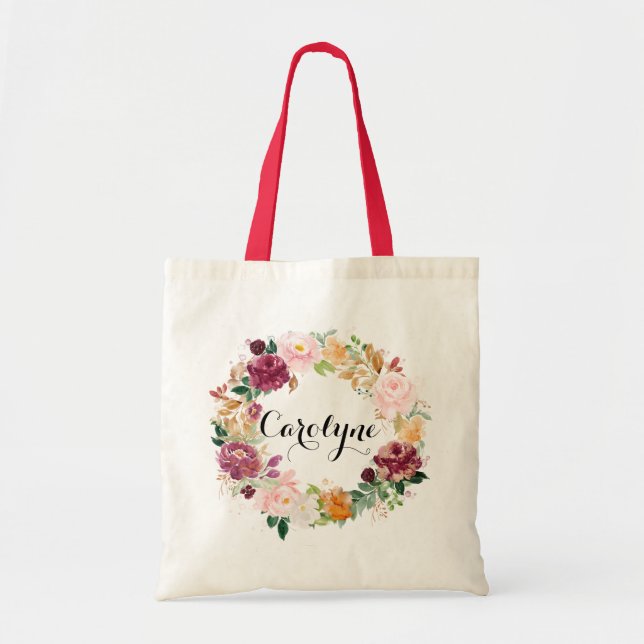 Boho Watercolor Höst Floral Krans Brudtjänsteflick Tygkasse (Framsidan)