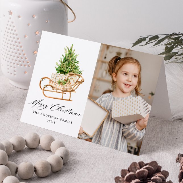 Boho Watercolor jul Sleigh 2 Photo Helgkort (Skapare uppladdad)