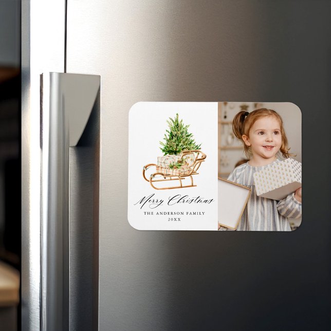 Boho Watercolor jul Sleigh Photo Magnet (Skapare uppladdad)