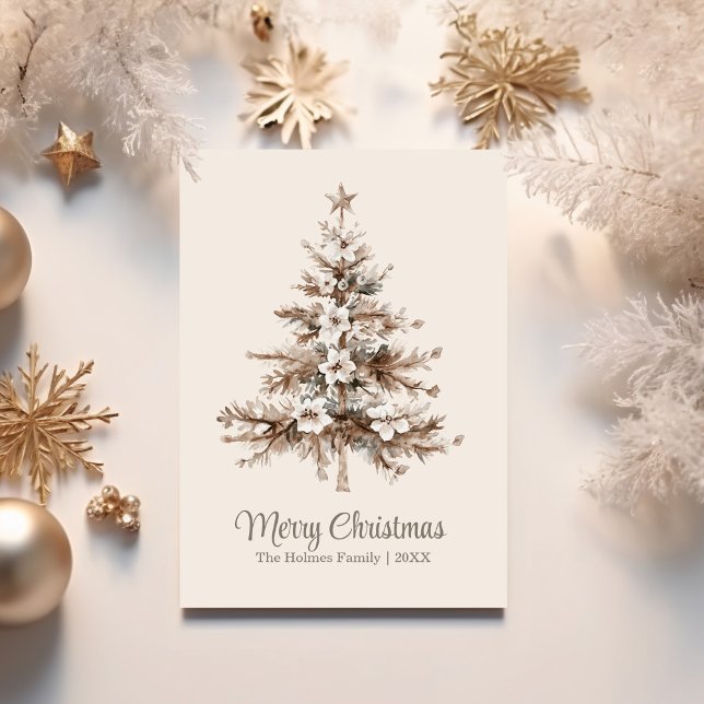 Boho Watercolor Julgran non Photo Julkort (Boho Watercolor Christmas Tree Non Photo Holiday Card with golden Christmas decoration.)