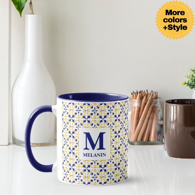 Boho Watercolor Kakel Mugg – Anpassat Namn & Monog (Boho Watercolor Tile Mug – Custom Name & Monogram)