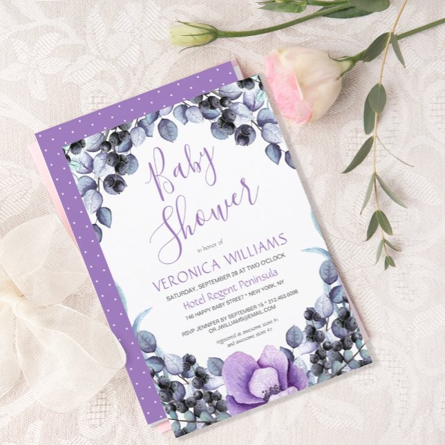 Boho Watercolor Lavender Berry Blommigt Baby Showe Inbjudningar (Skapare uppladdad)