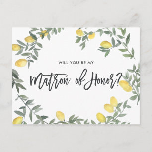 Boho Watercolor Lemon är min Matron of Honor Card Vykort