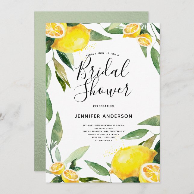 Boho Watercolor Lemon Möhippa Inbjudningar (Fram/baksida)