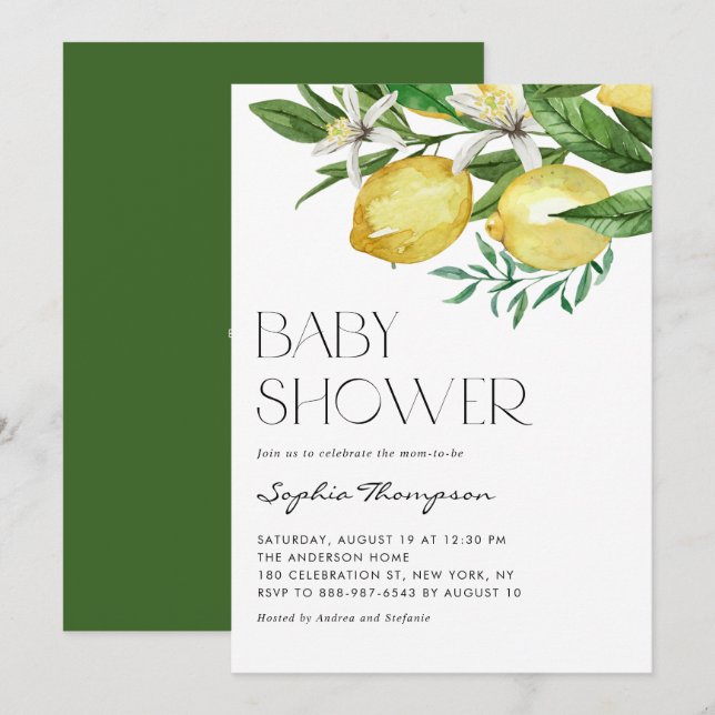 Boho Watercolor Lemon och Blooms Baby Shower Inbjudningar (Fram/baksida)