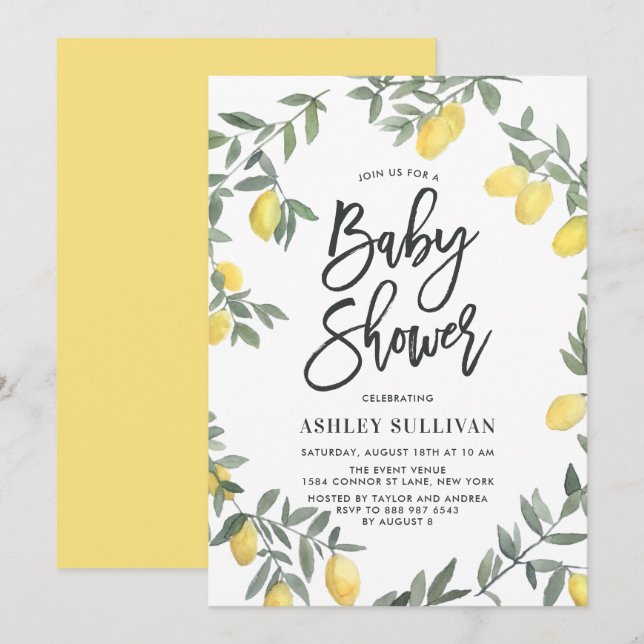 Boho Watercolor Lemon Wand Baby Shower Inbjudningar (Fram/baksida)