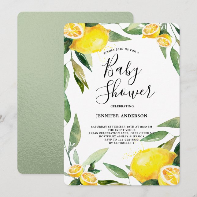 Boho Watercolor Lemon Wand Baby Shower Inbjudningar (Fram/baksida)