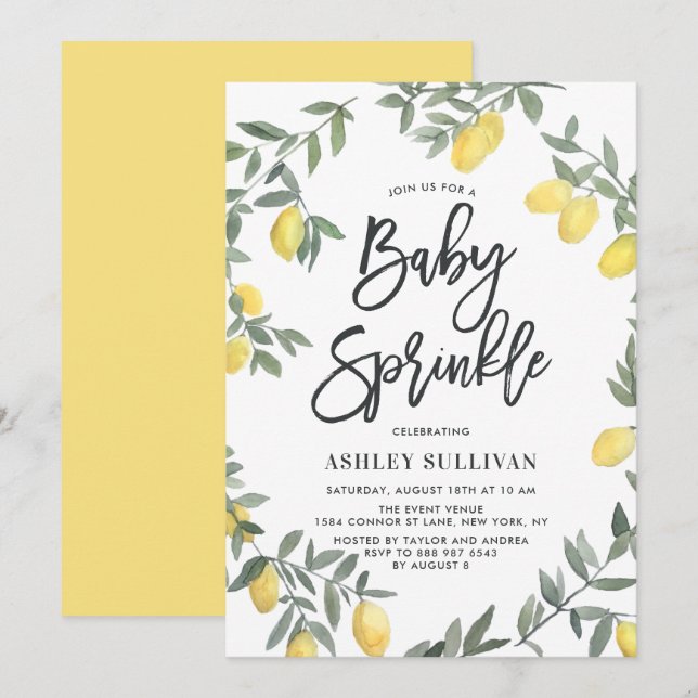 Boho Watercolor Lemon Wand Baby Sprinkle Shower Inbjudningar (Fram/baksida)