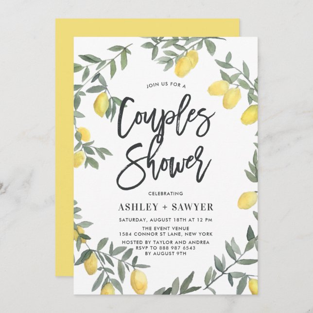 Boho Watercolor Lemon Wand Par Shower Inbjudningar (Fram/baksida)