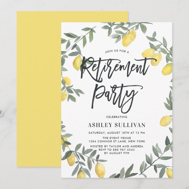 Boho Watercolor Lemon Wandan Pension Party Inbjudningar (Fram/baksida)