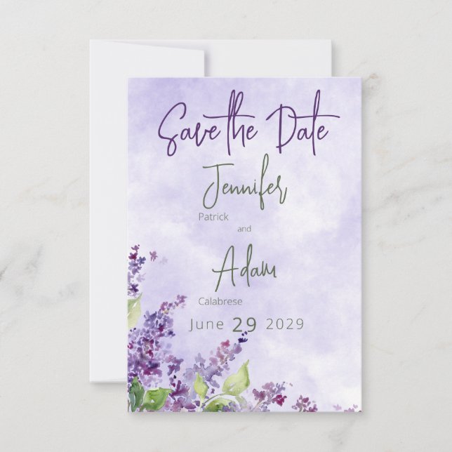 Boho Watercolor Lilac Flowers Bröllop Spara Datumet (Framsida)