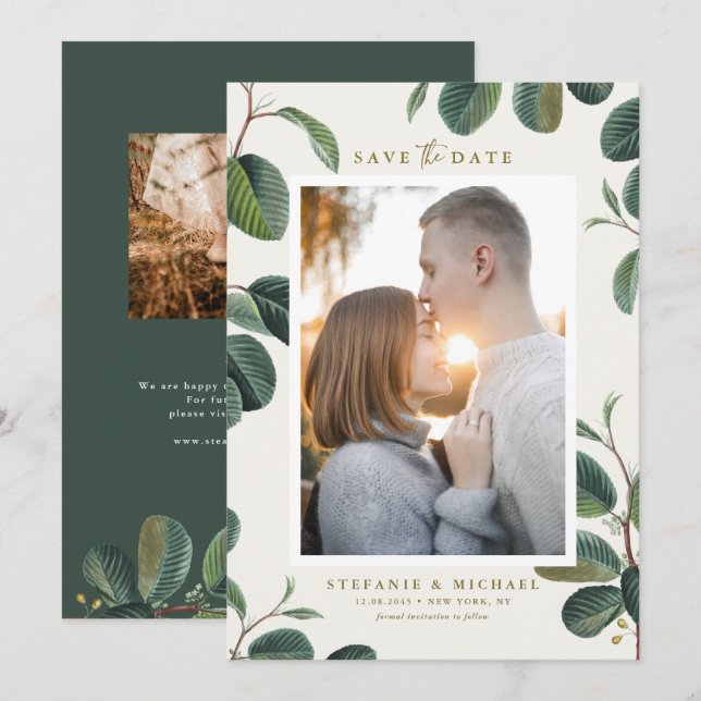 Boho Watercolor Löv Botanical Ivory Photo Spara Datumet (Fram/baksida)