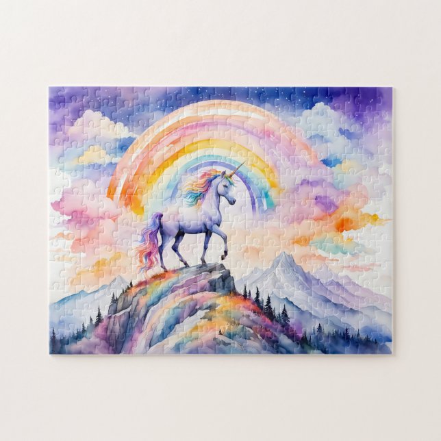 Boho Watercolor Magisk Enhörning Under Lysande Reg Pussel (Horisontell)