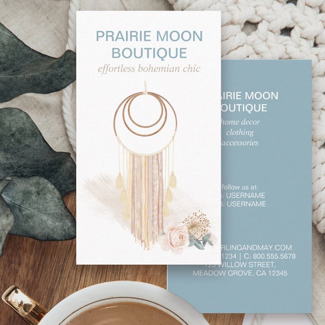Boho Watercolor Makramé Vägghängning Visitkort (Boutique business card with bohemian feminine macrame wallhanging in neutral color story)