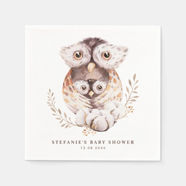 Boho Watercolor Mamma och Baby Uggla Baby Shower Pappersservett (Framsidan)
